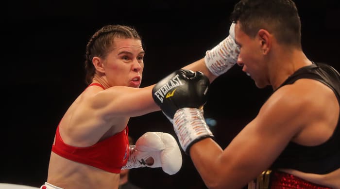 Savannah Marshall punches Daniele Bastieri during the Super-Middleweight contest between Savannah Marshall and Daniele Bastieri at The O2 Arena on August 31, 2019 in London, England.
